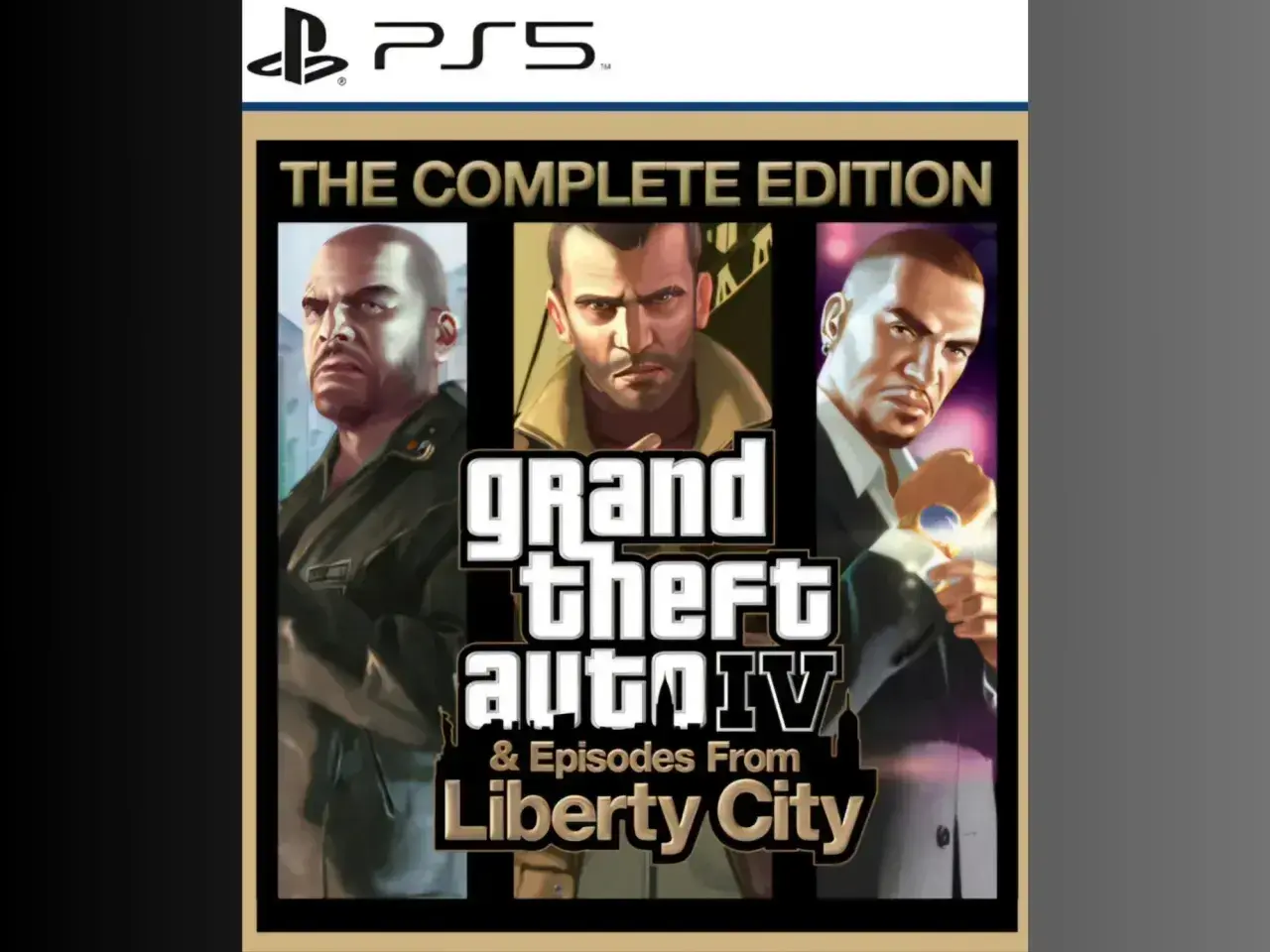 Okładka GTA 4 Complete Edition na PS5 z Niko, Johnny'm i Luisem.
