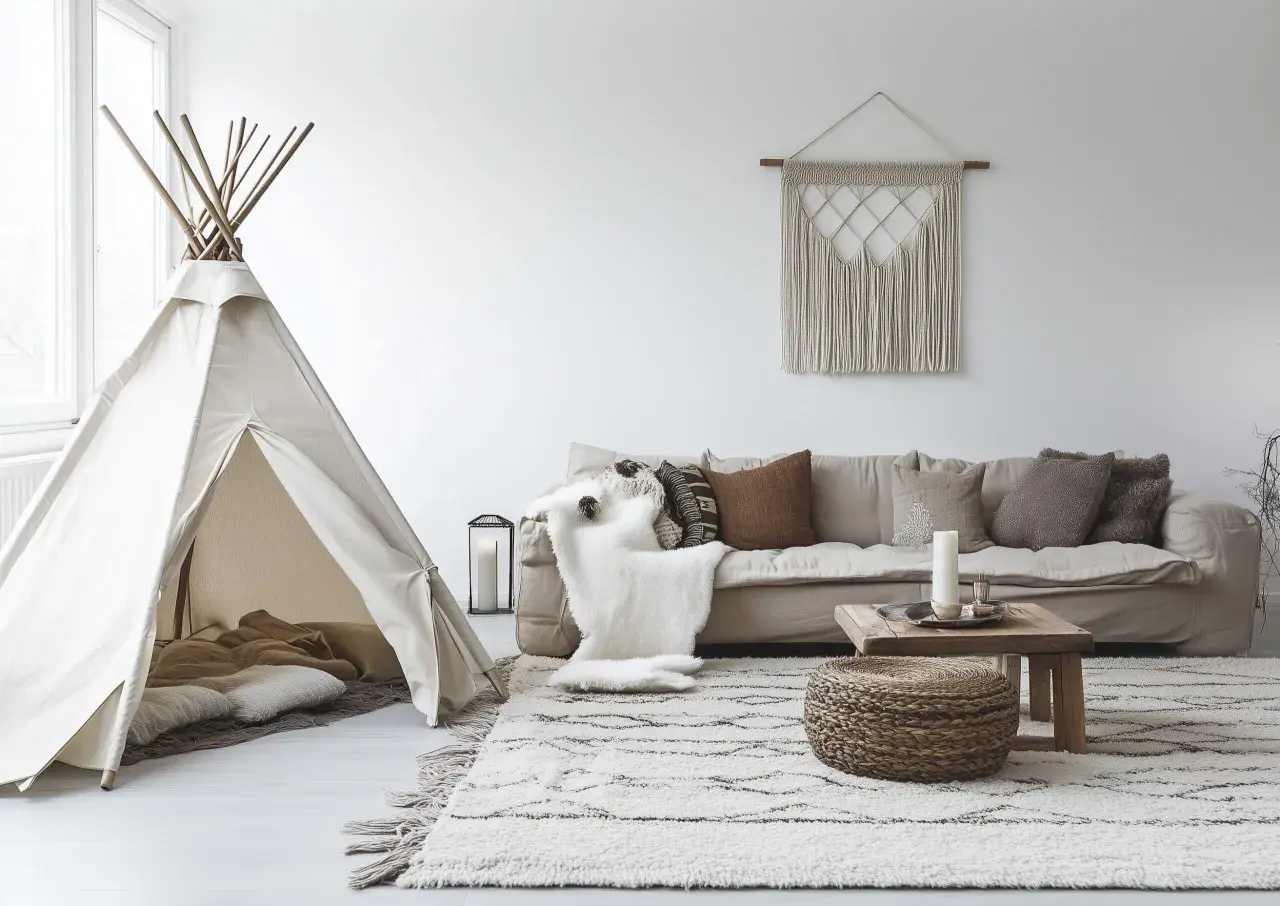 Un coin jeux dans un petit salon avec une tente tipi, un canapé confortable et un tapis douillet. Une idée parfaite pour un espace enfant cosy.