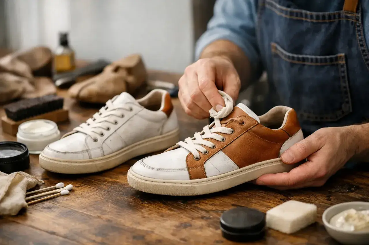 Un homme nettoie une chaussure usée avec un chiffon. Des produits d'entretien sont disposés sur la table en bois.
