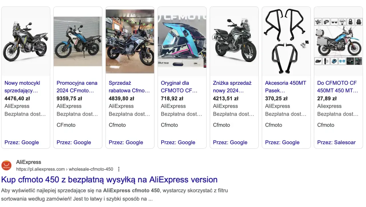Chińskie motocykle CFMOTO 450 w różnych ofertach, od nowych modeli po akcesoria.