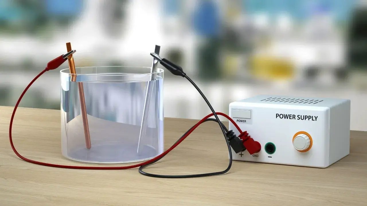 Eksperyment elektroliza wody: dwa elektrody w szklance z wodą, podłączone do zasilacza.