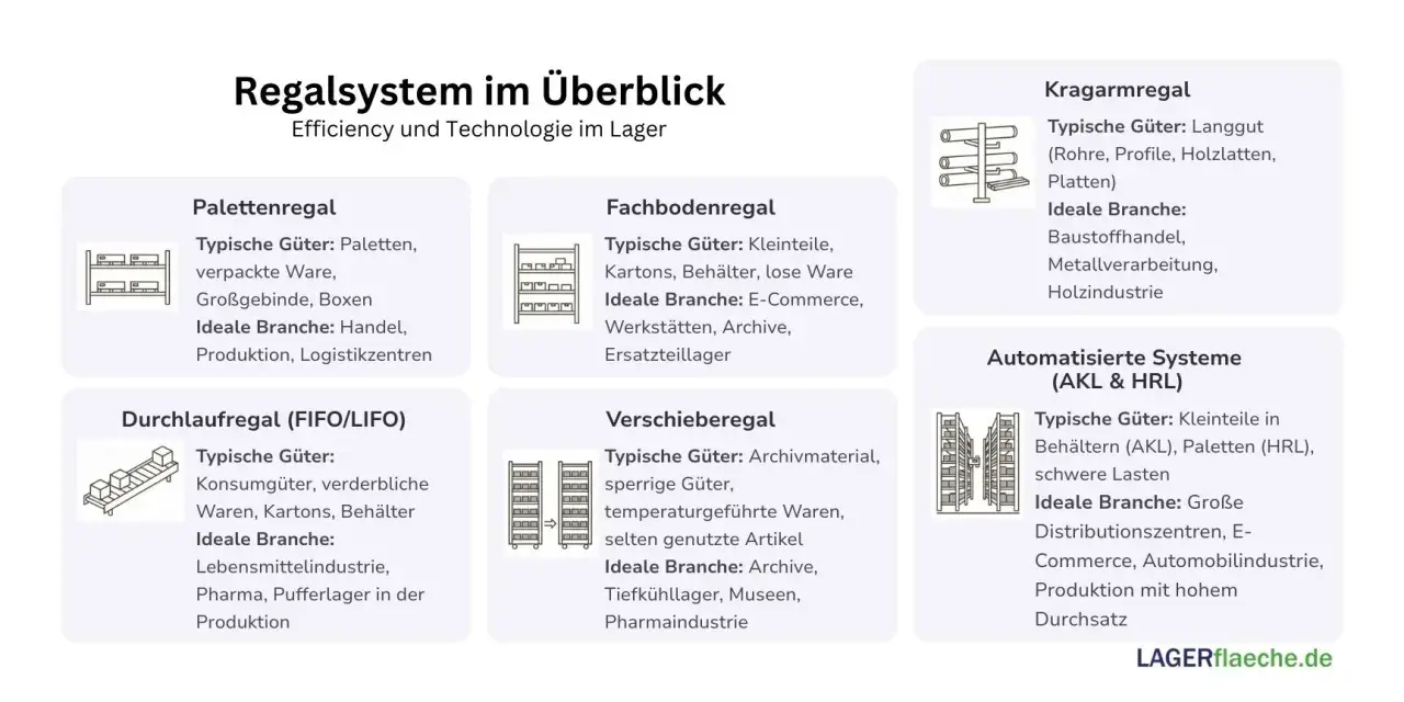 Überblick über verschiedene Regalarten: Paletten-, Fachboden-, Kragarm-, Durchlauf-, Verschiebe- und automatisierte Regalsysteme für diverse Branchen.