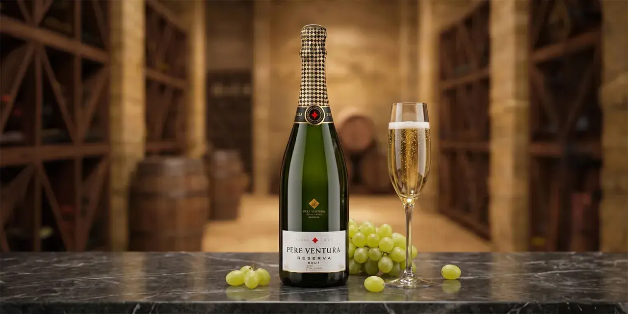 Butelka wina musującego Pere Ventura Reserva Brut, kieliszek pełen bąbelków i winogrona na tle piwniczki z beczkami.