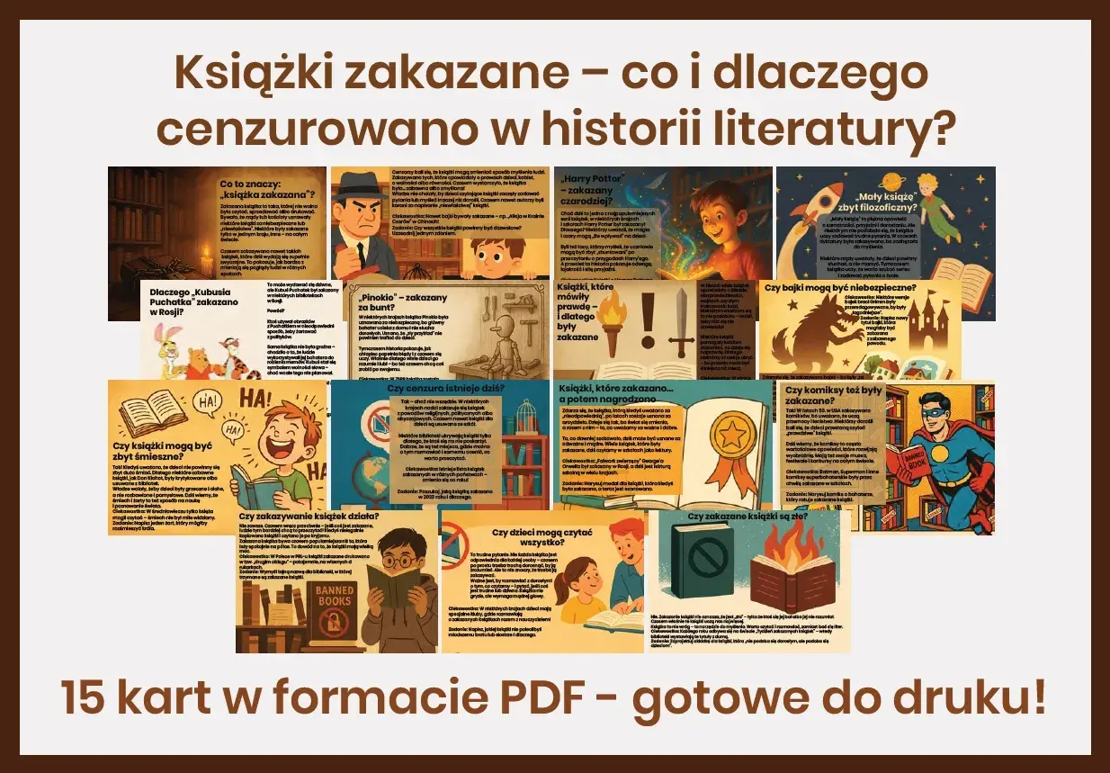 Ilustracja przedstawia kolaż z grafikami i tekstami na temat książek zakazanych w Polsce i na świecie.