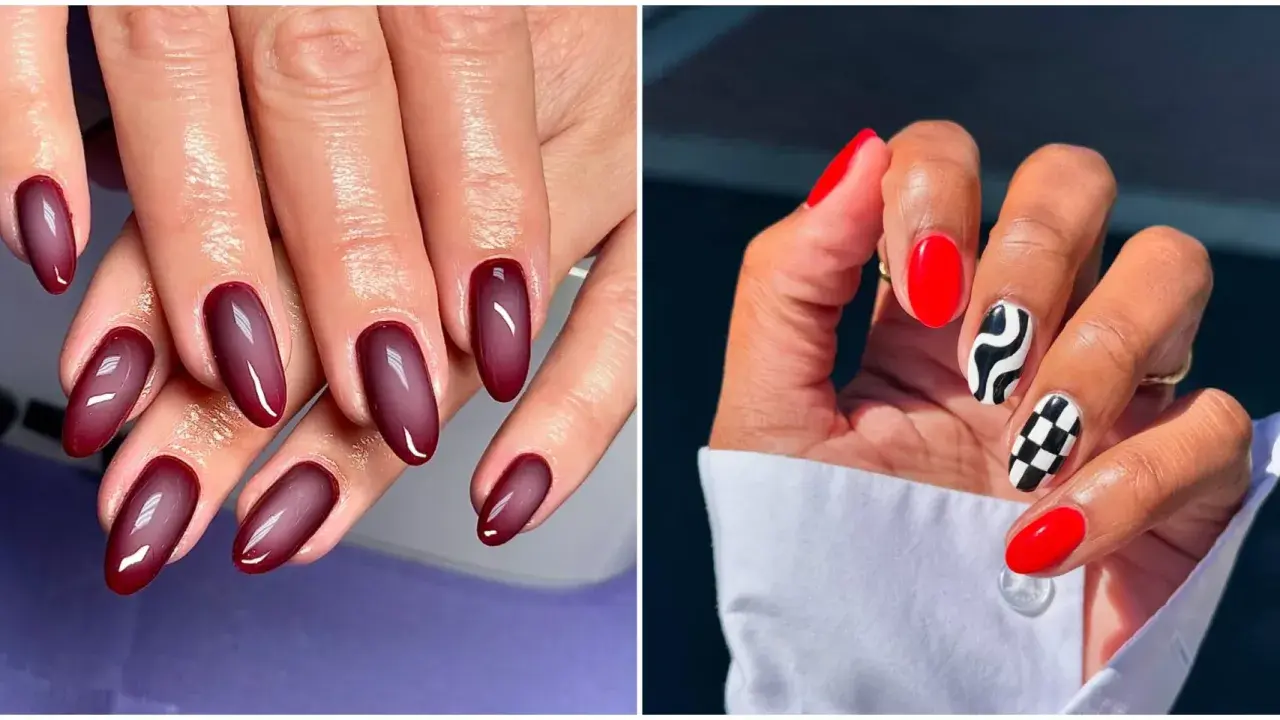 Deux styles de mains : d'un côté, des ongles bordeaux dégradé, de l'autre, des ongles rouges vifs avec des motifs noir et blanc. Chic ongle rouge deco.