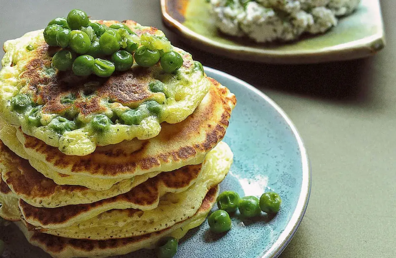 Pancakes con piselli, un'idea gustosa per ricette con farina di piselli. Un piatto colorato e invitante, perfetto per un brunch o una cena leggera.