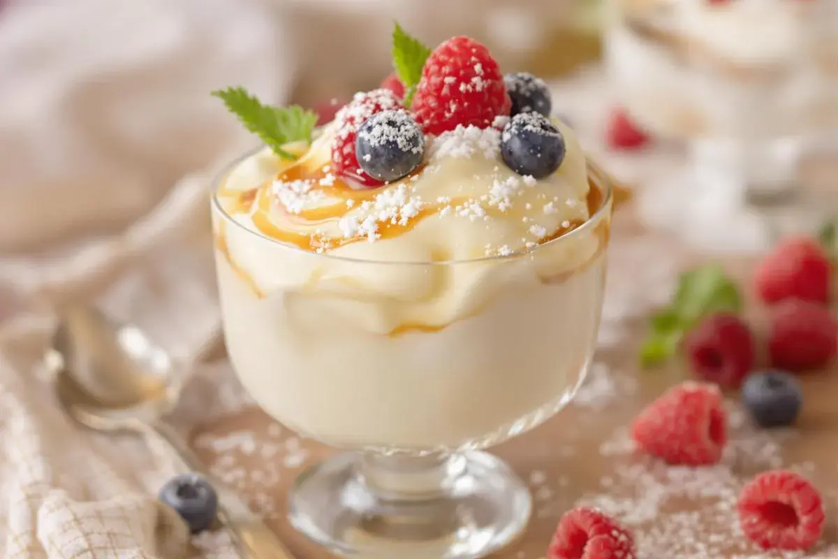 Crème chiboust onctueuse, garnie de fruits rouges frais, de coulis de caramel et saupoudrée de sucre glace. Un délice visuel et gustatif.