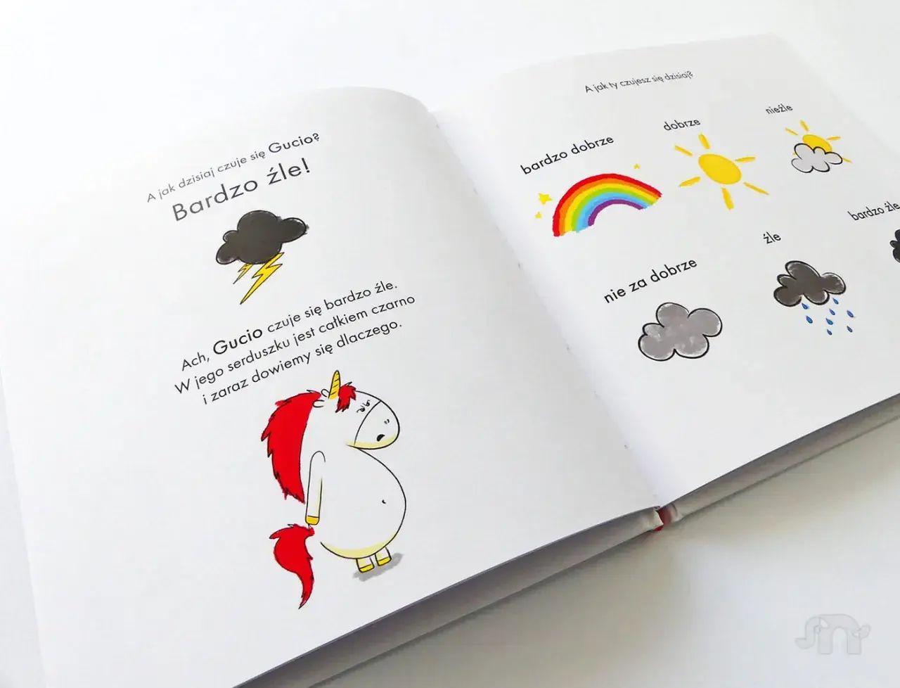 Książka o tym, jak radzić sobie ze złością. Gucio czuje się źle, a ilustracje pokazują różne nastroje.