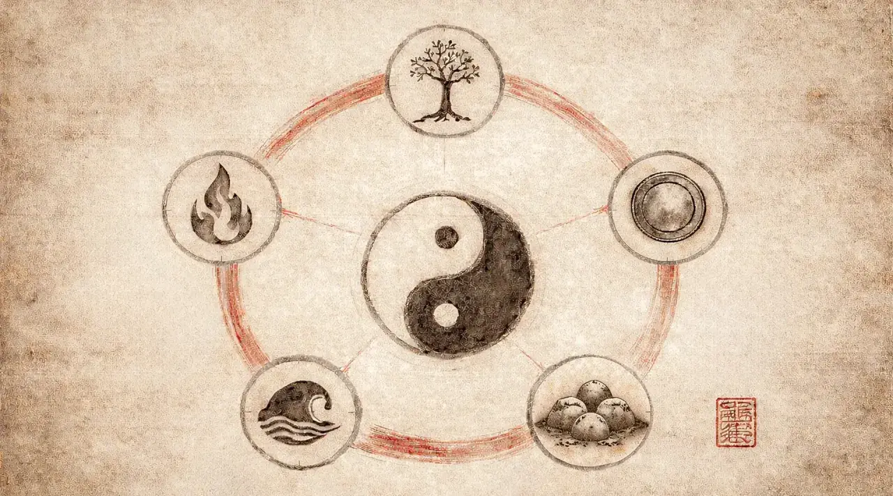 Cerchio di 5 elementi: fuoco, albero, metallo, acqua e terra, con simbolo Yin e Yang al centro.
