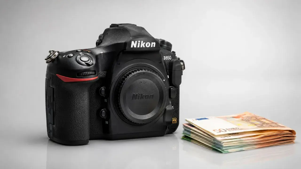 Nikon D850 con un fascio di banconote. Forse i problemi di questa reflex sono costosi da risolvere.