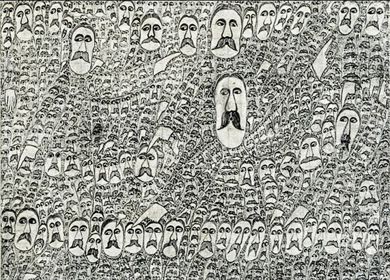 Obraz w stylu art brut: gęsty tłum twarzy z wąsami, niektóre większe, inne mniejsze, tworzące hipnotyzujący wzór.