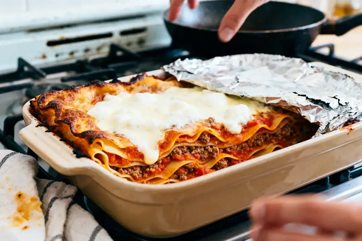 Lasagne maison dorée et gratinée, prête à être dégustée. Une recette lasagne qui fait saliver !