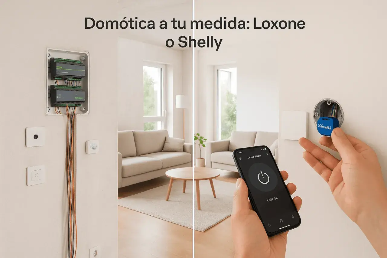 Control de iluminación domótica: instalación de módulos Shelly y Loxone, gestionados desde un smartphone en un salón moderno.