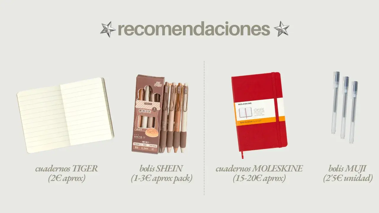 Ideas para journaling: cuadernos TIGER, bolis SHEIN, Moleskine y MUJI.