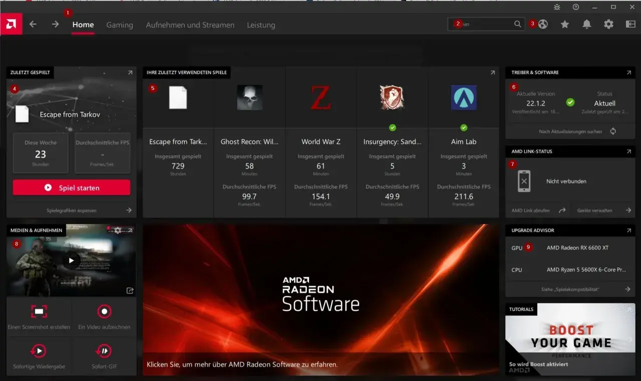 AMD Adrenalin Software zeigt zuletzt gespielte Spiele wie Escape from Tarkov und die Systemleistung an.