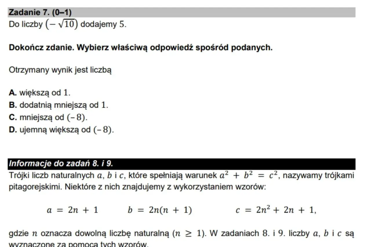 Fragment zadania z matematyki z pytaniem o liczbę i wzorami na trójki pitagorejskie.