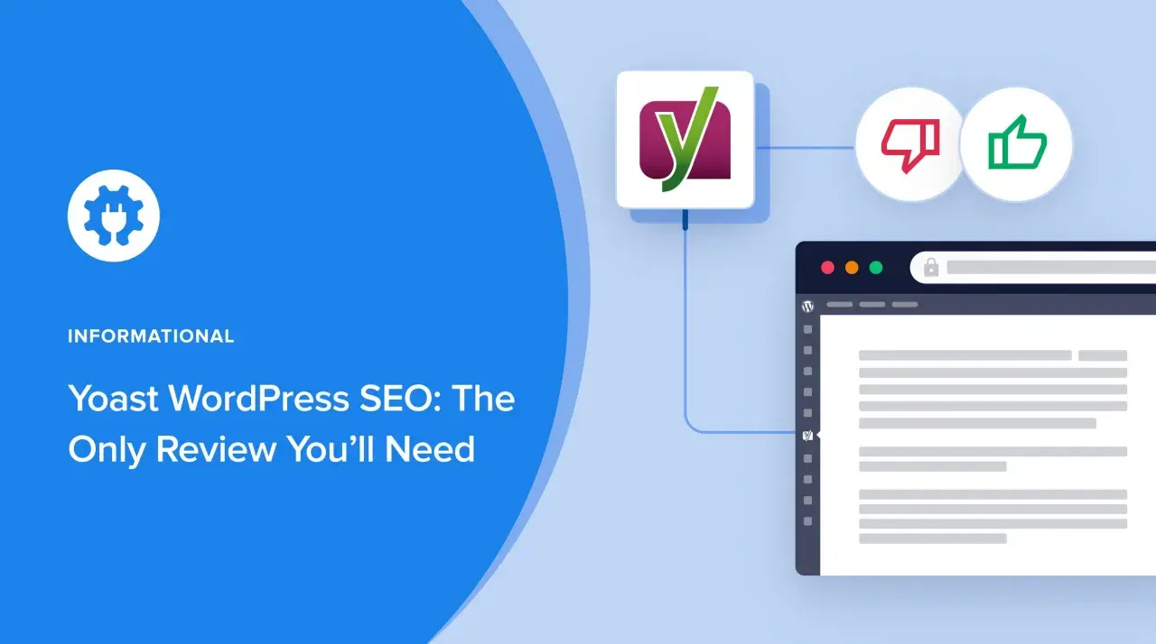 El logo de Yoast SEO aparece junto a iconos de pulgar arriba/abajo y una ventana de navegador, indicando su función para optimizar contenido.