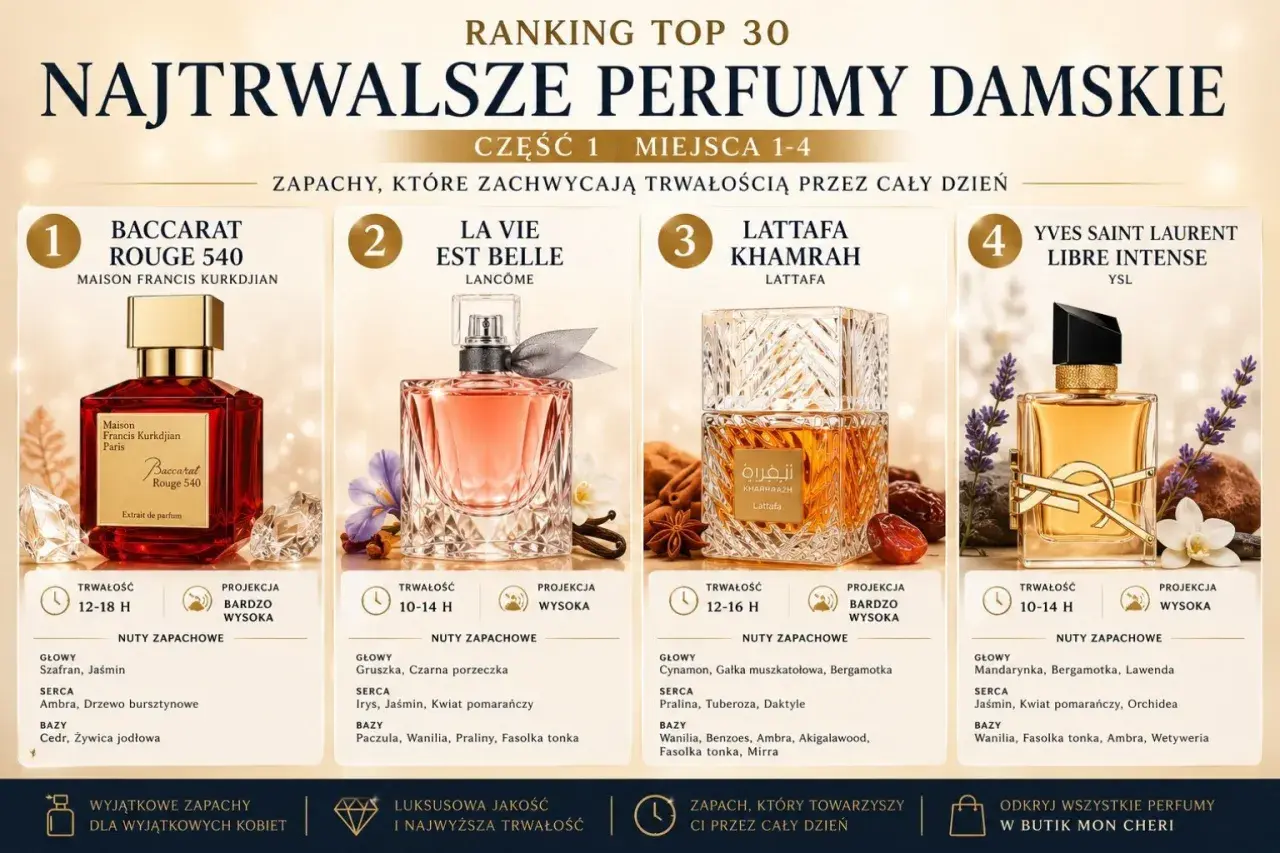 Ranking najtrwalszych perfum damskich: Baccarat Rouge 540, La Vie Est Belle, Lattafa Khamrah, YSL Libre Intense. Zapachy, które zachwycają trwałością przez cały dzień.