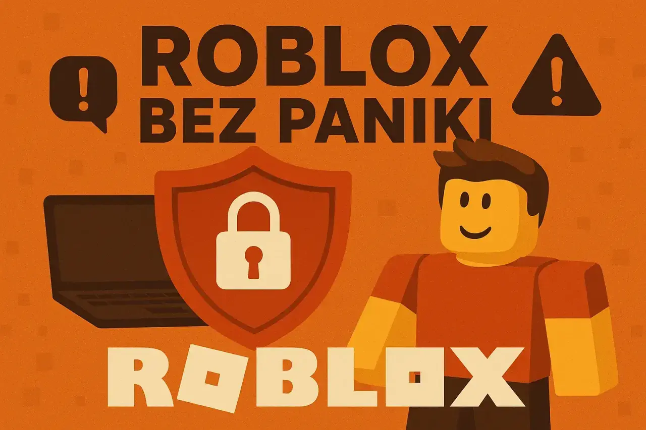 Grafika z hasłem "ROBLOX BEZ PANIKI" i ikonami bezpieczeństwa. Od ilu lat jest Roblox? Odpowiedź w grafice.