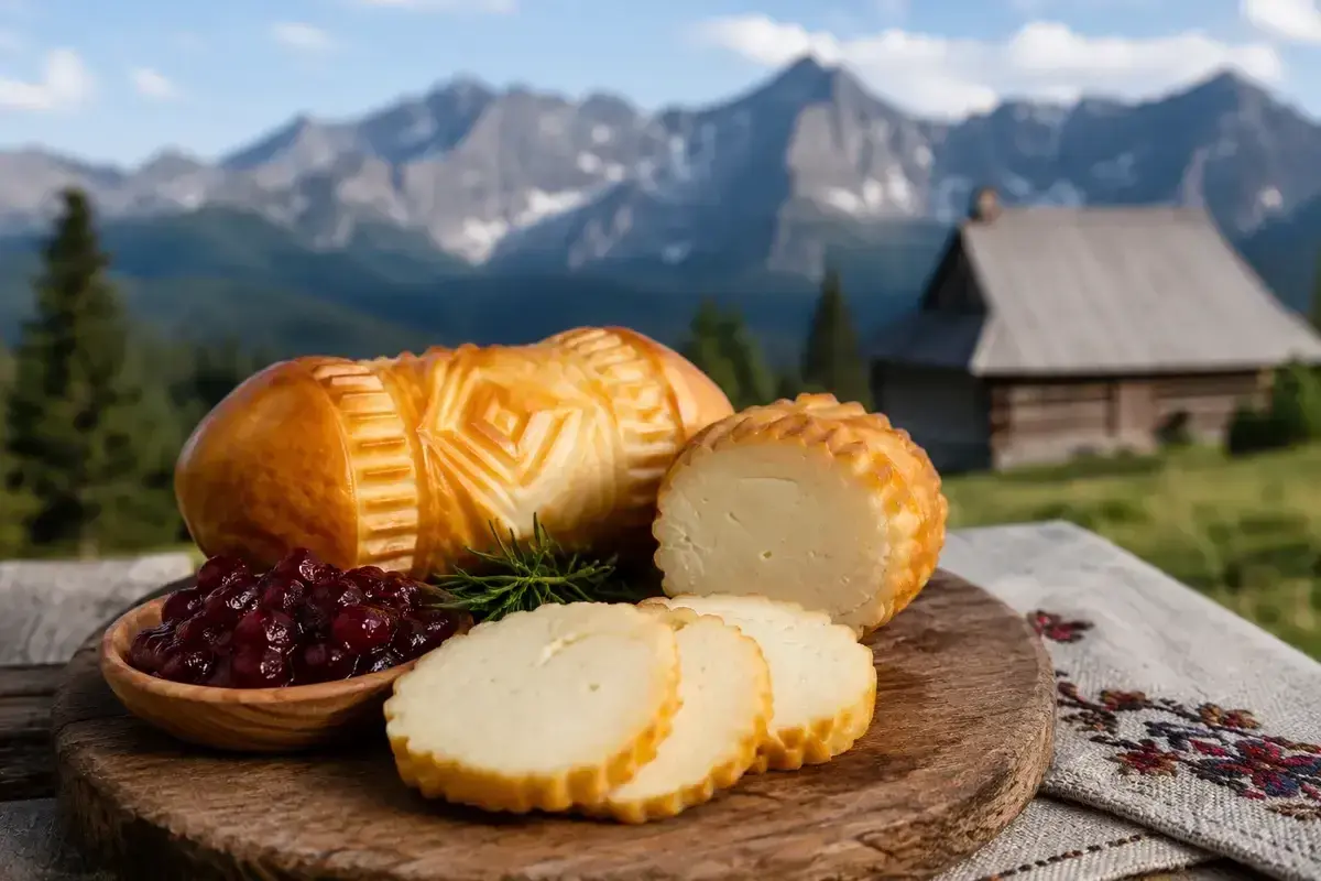 Tradycyjne oscypki z żurawiną na tle górskiej chaty. Poznaj, jak się robi oscypki, symbol Podhala.