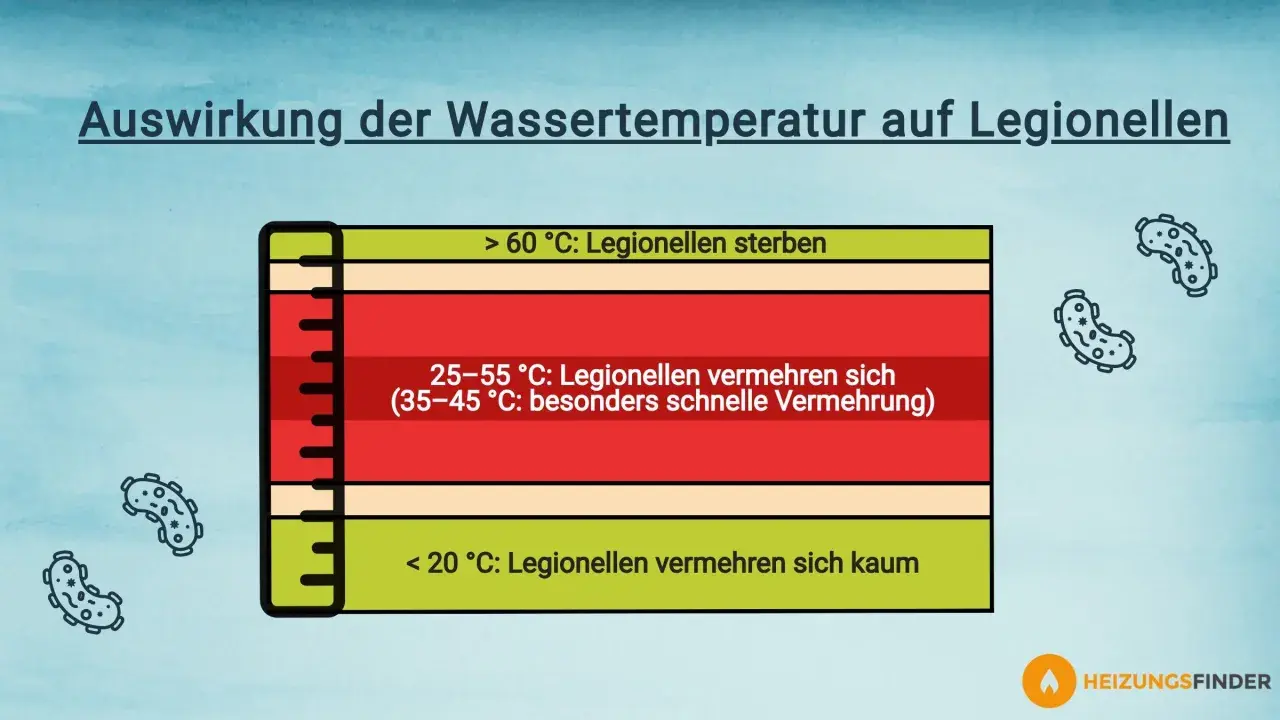 Thermische Desinfektion: Über 60°C sterben Legionellen. Unter 20°C vermehren sie sich kaum.