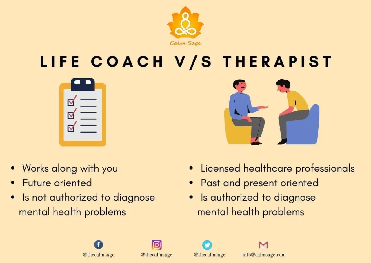 Infographic comparing coaching vs therapy. A checklist represents coaching, while two people talking in chairs represent therapy.