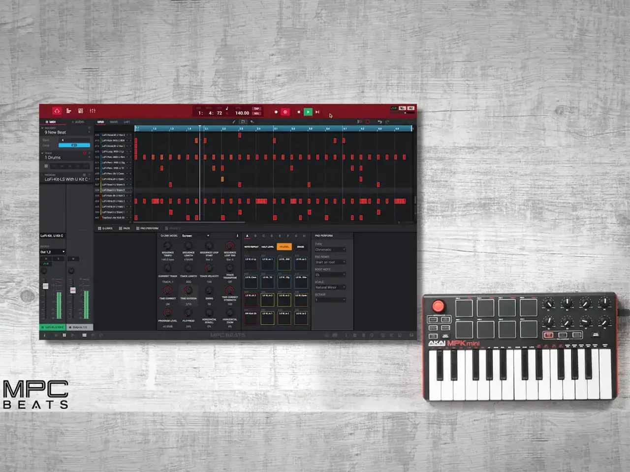 AKAI MPK mini controller and MPC Beats software on a wooden surface, ready for creating mpc beats.