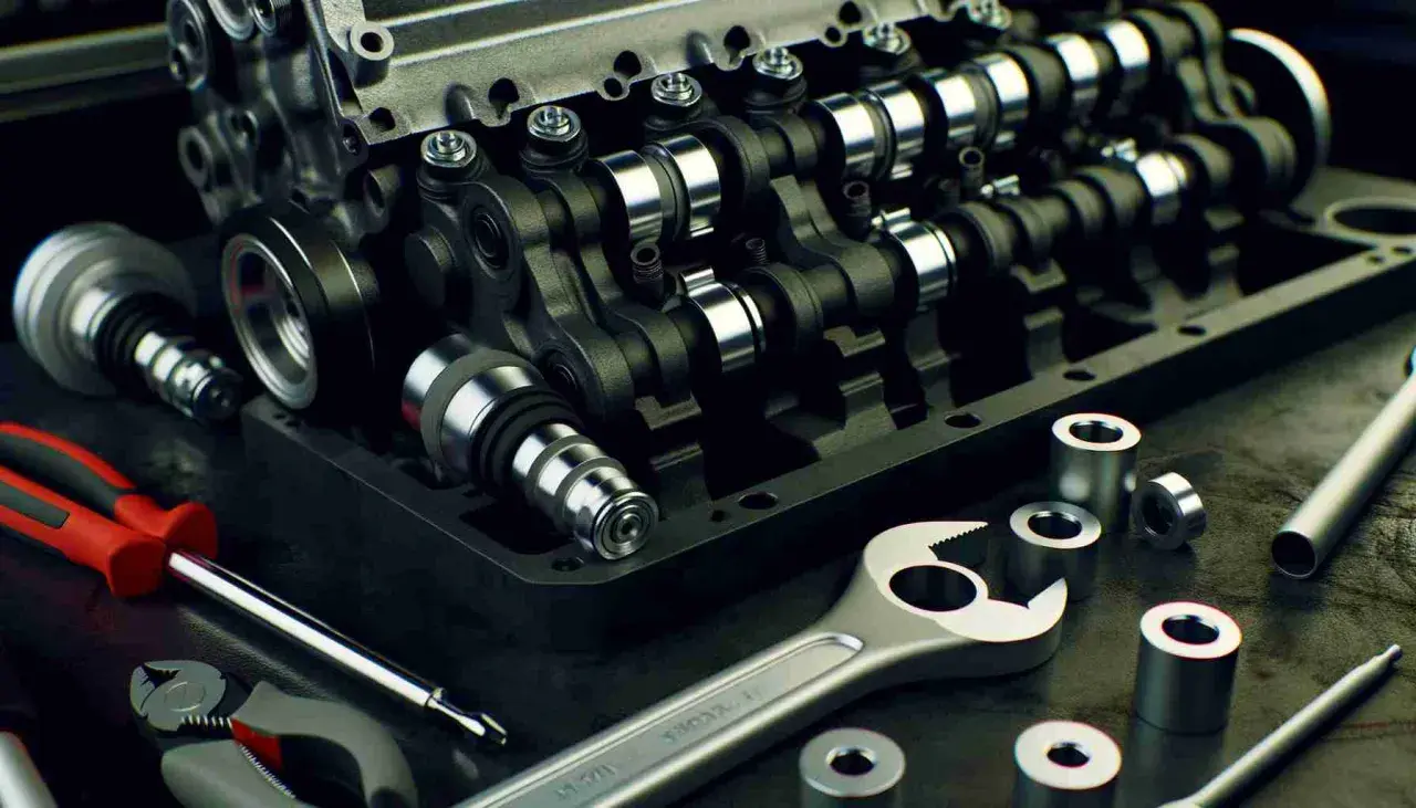 Detailaufnahme eines p0014 opel Motors mit Werkzeugen. Nockenwellen und Zylinderkopf sind sichtbar.