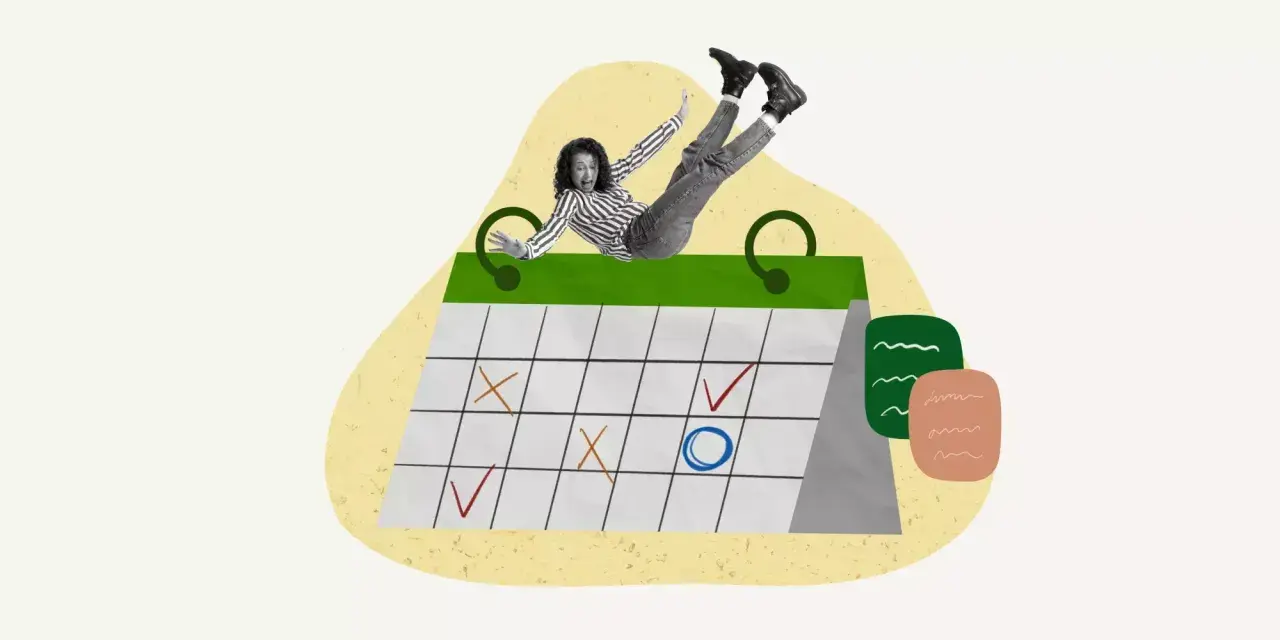Une femme s'affale sur un calendrier marqué de croix et de coches, symbolisant le remboursement anticipé d'un PTZ.