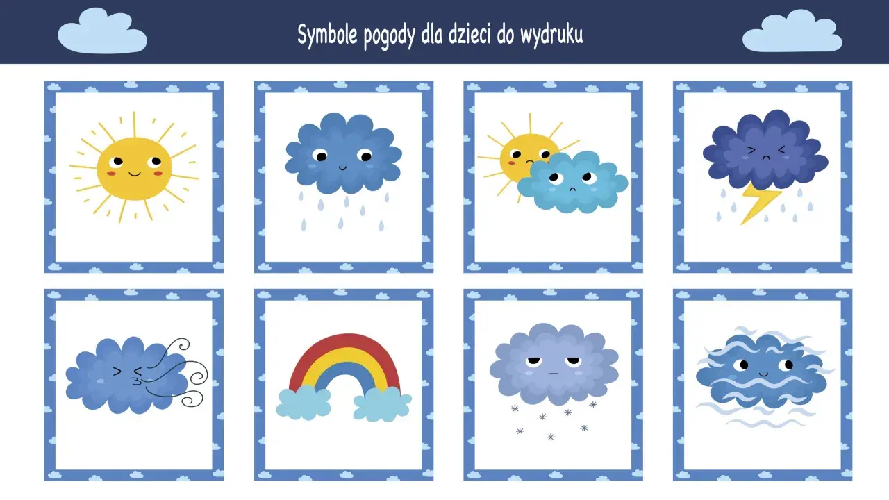 Urocze oznaczenia pogodowe dla dzieci: słońce, deszcz, burza, tęcza, wiatr, śnieg i mgła.