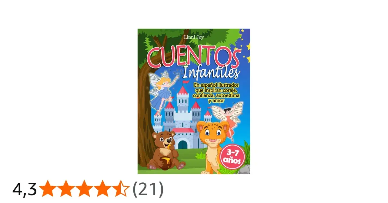 Portada de cuentos para niños de 7 años con un castillo, hadas, un oso y un león.