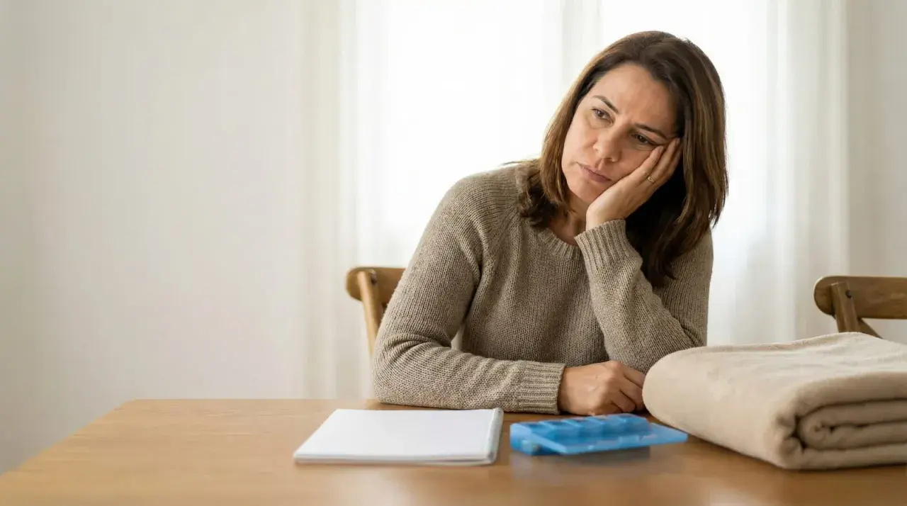 Donna con espressione stanca, appoggiata al tavolo, sembra avere sempre sonno. Sul tavolo ci sono un quaderno, un contenitore per il ghiaccio e una coperta piegata.