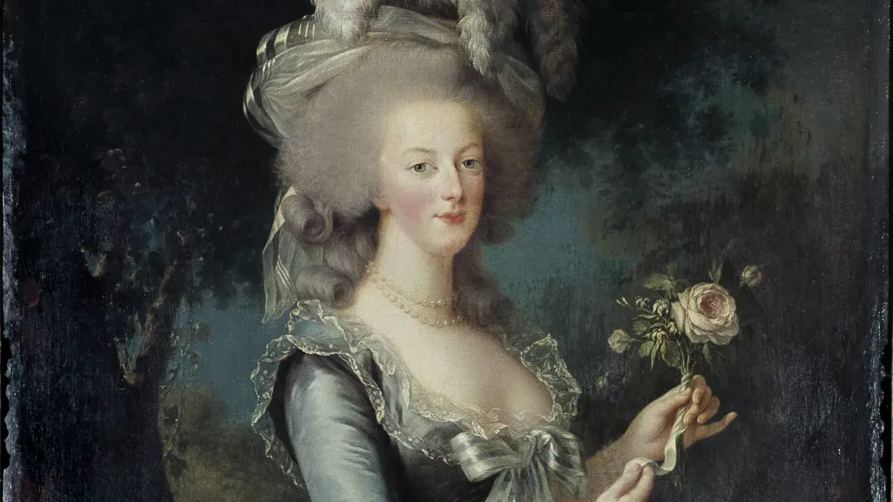 A regal Marie Antoinette, in a stunning blue gown and elaborate hairstyle, holds a bouquet of roses. This iconic portrait captures the essence of the queen, hinting at a grander Marie Antoinette family portrait.