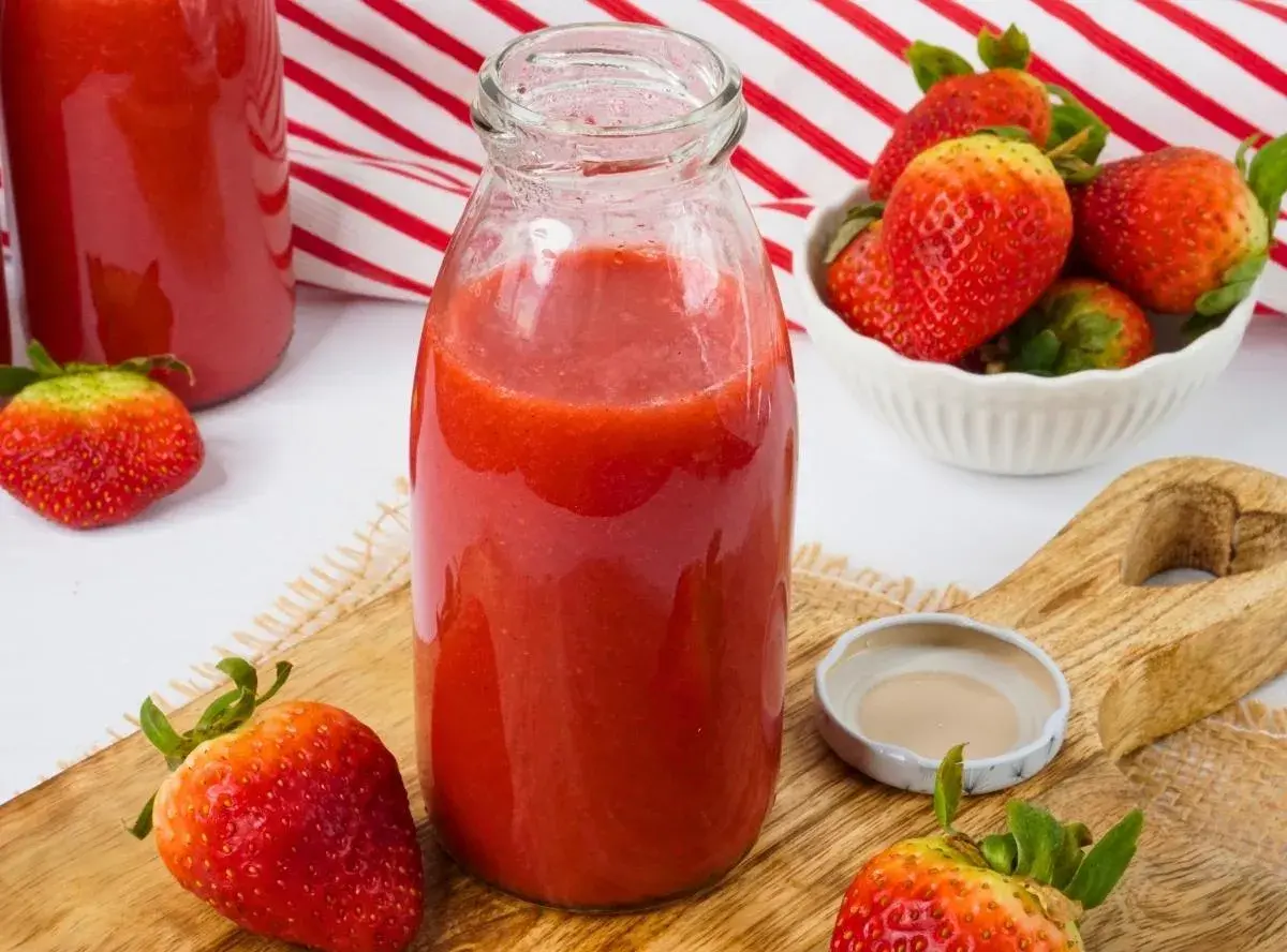 Frische Erdbeeren werden zu einem leckeren Smoothie verarbeitet. Eine Flasche mit dem roten Fruchtgetränk steht bereit.