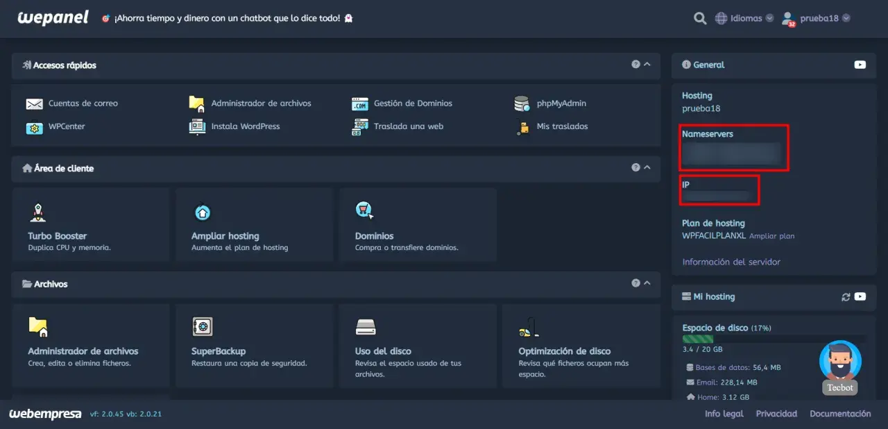 Panel de control web con opciones de hosting, dominios y archivos. Muestra la sección "Nameservers" y "IP" para configurar tu hosting.