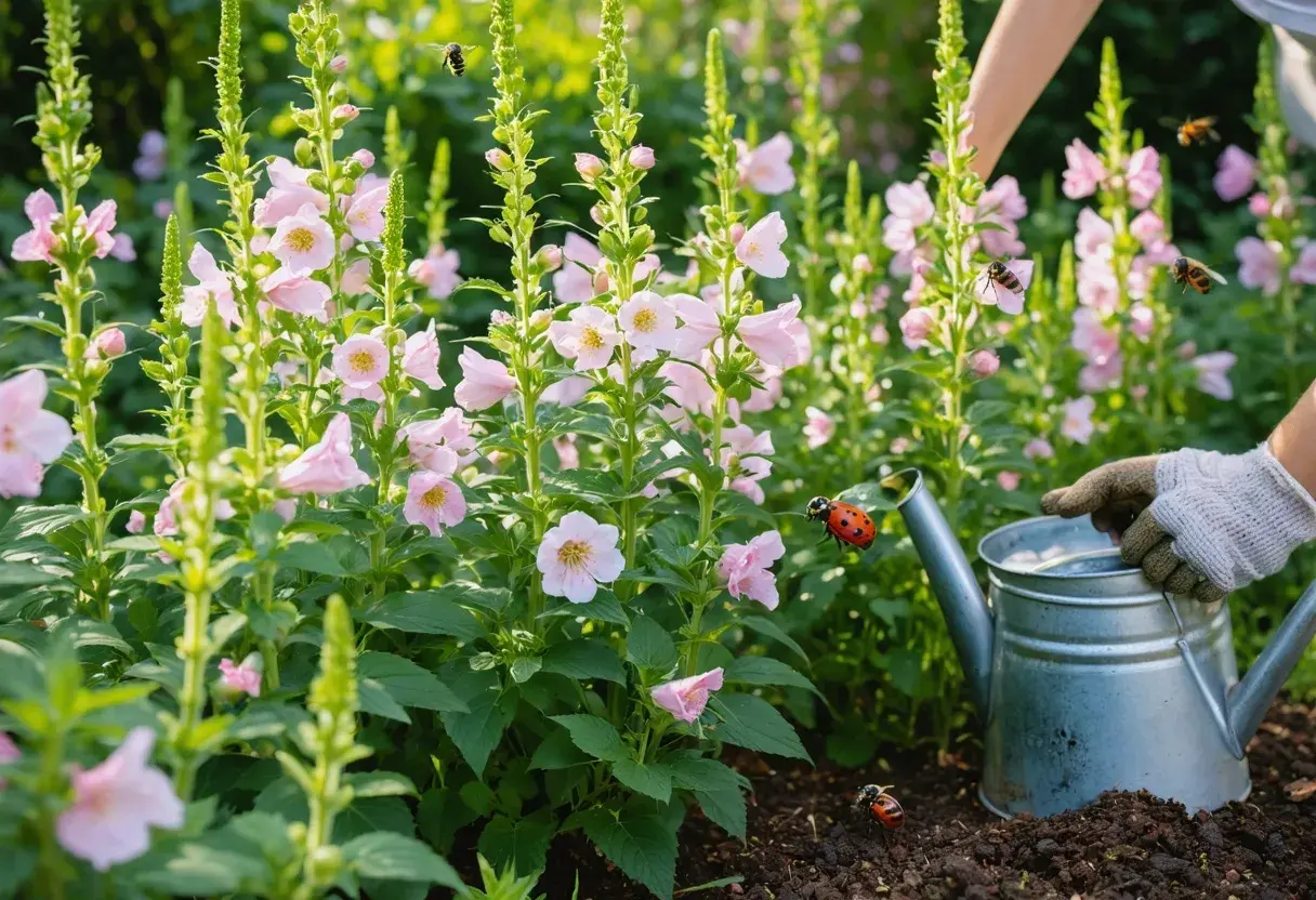 Un jardinier arrose des fleurs de hibiscus syriacus roses, tandis que des coccinelles et des abeilles butinent.