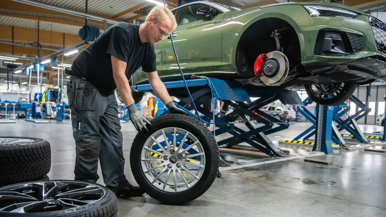 Mekaniker byter däck på en grön Audi. Det är dags för hjulskifte datum, så bilen lyfts upp på en billyft.