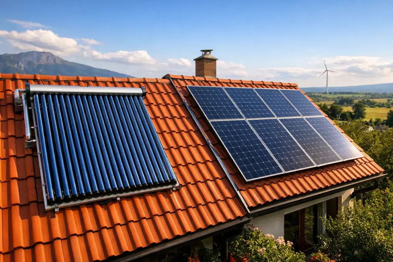 Un panneau solaire ou photovoltaïque sur un toit de tuiles rouges, avec un chauffe-eau solaire à tubes bleus à côté. Le paysage verdoyant et une éolienne en arrière-plan.