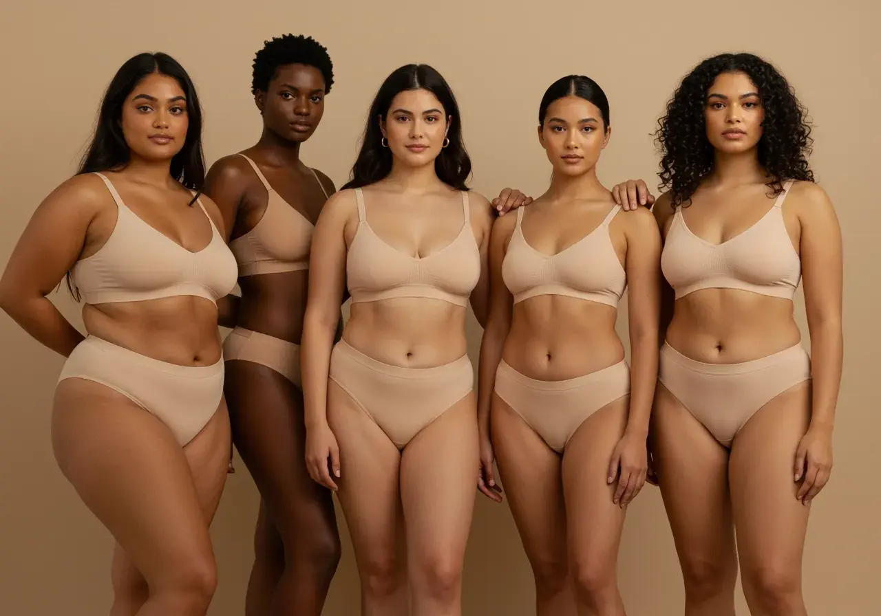 Cinco mujeres de diversos tipos de cuerpo posan en lencería color piel, celebrando la belleza de todas las formas.
