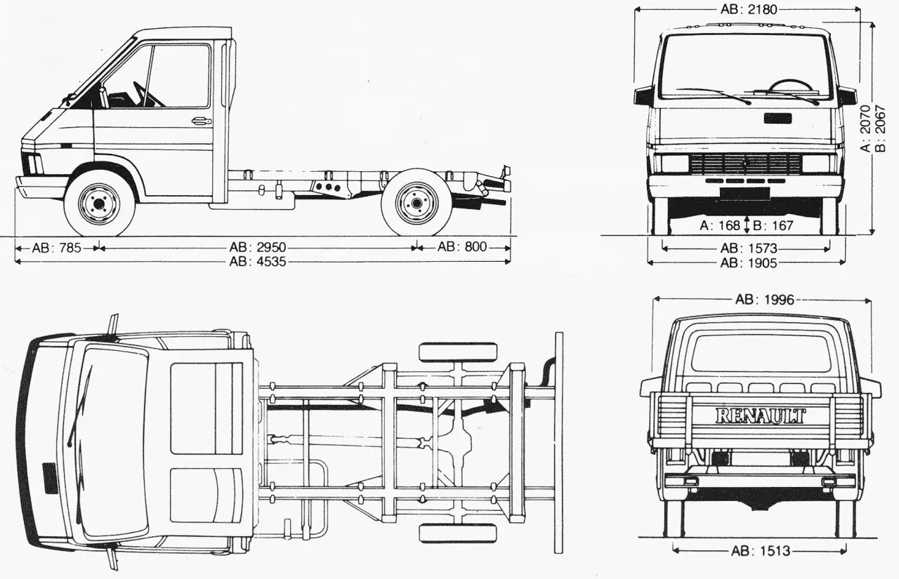 Rysunek techniczny Renault Trafic 3 z widokami z boku, przodu, tyłu i z góry, z wymiarami.