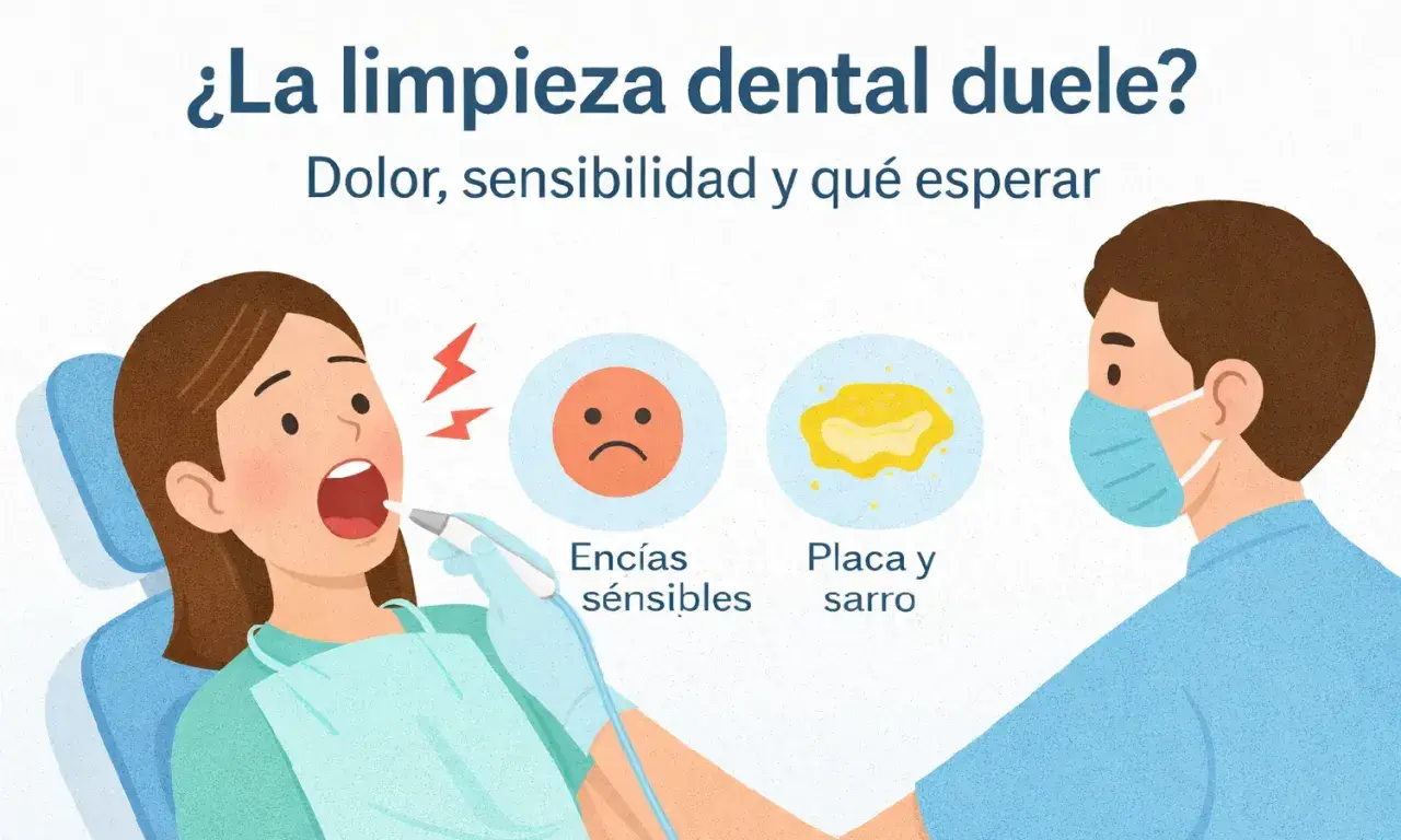 Una mujer en el dentista con la boca abierta, mientras un profesional con mascarilla realiza una limpieza. Se muestra que la limpieza de encías duele, con iconos de cara triste y placa dental.