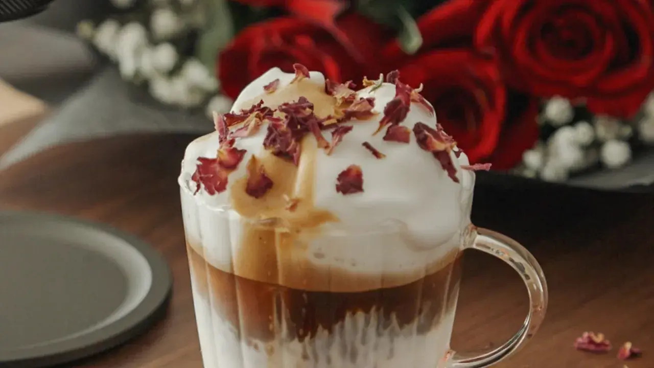 Ein köstlicher Mokka mit Milch, gekrönt mit cremigem Schaum und Rosenblättern. Im Hintergrund rote Rosen.