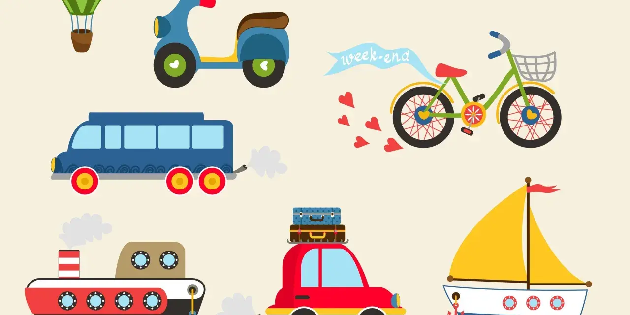 Ilustración de un proyecto de medios de transporte infantil: globo aerostático, moto, autobús, bicicleta, coche con maletas, barco de vela y barco de vapor.