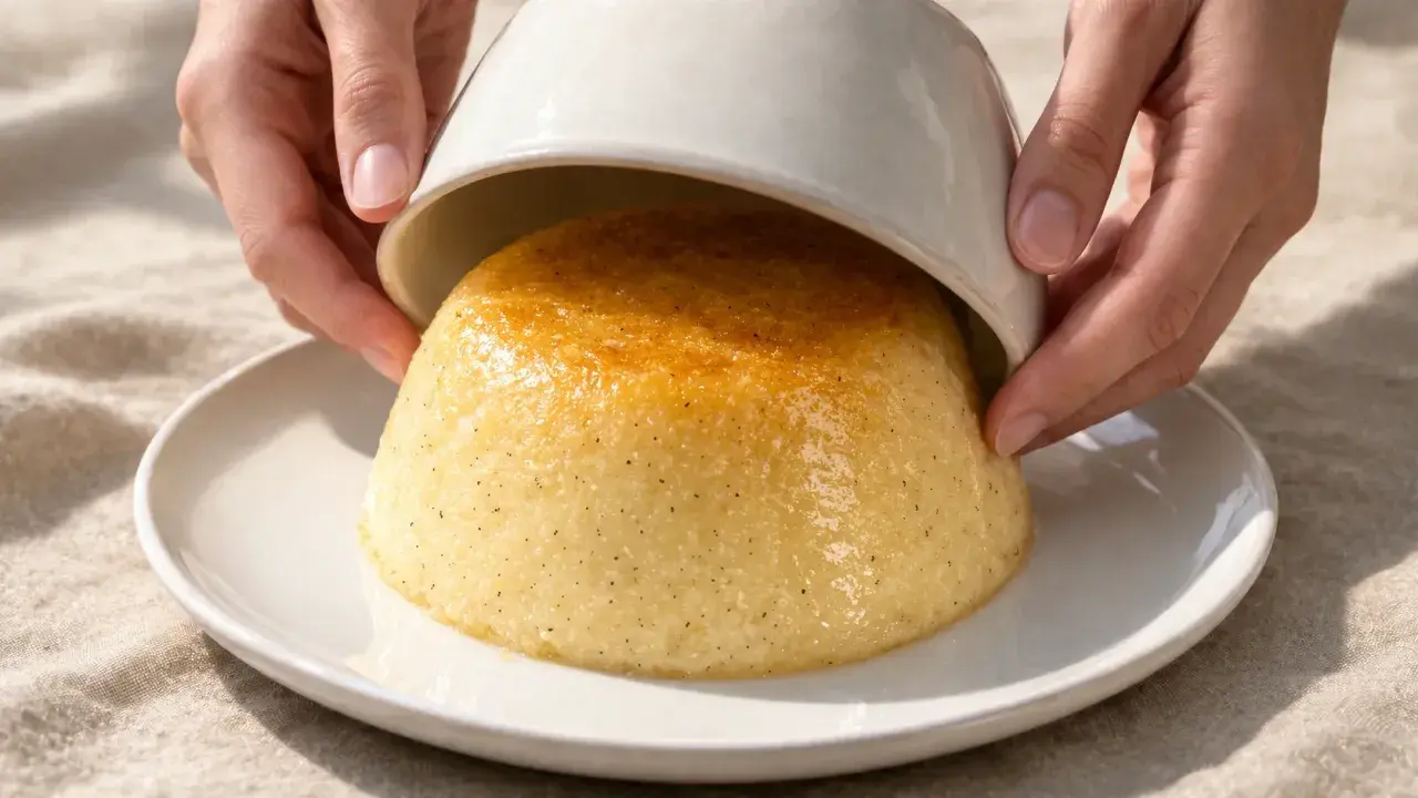 Un délicieux gâteau de semoule, doré et parsemé de vanille, est démoulé sur une assiette blanche.