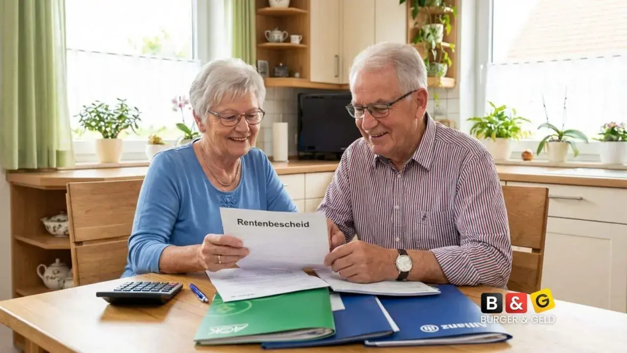 Älteres Paar prüft Rentenbescheid. Mögliche einmalige Auszahlung der betrieblichen Altersvorsorge und Krankenversicherung wird besprochen.