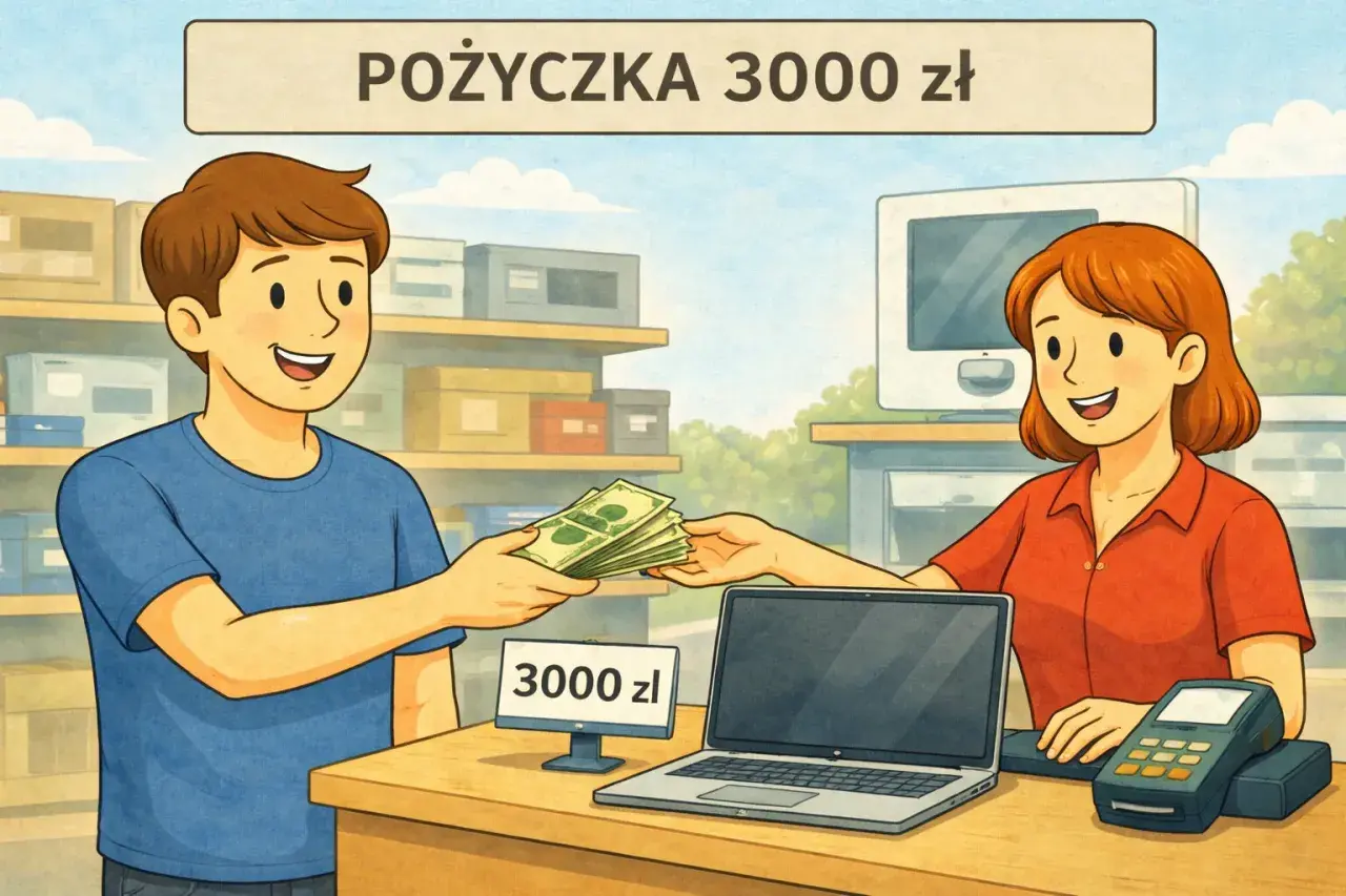 Chłopak kupuje laptopa za 3000 zł, płacąc gotówką. To jego nowy kredyt konsumpcyjny.