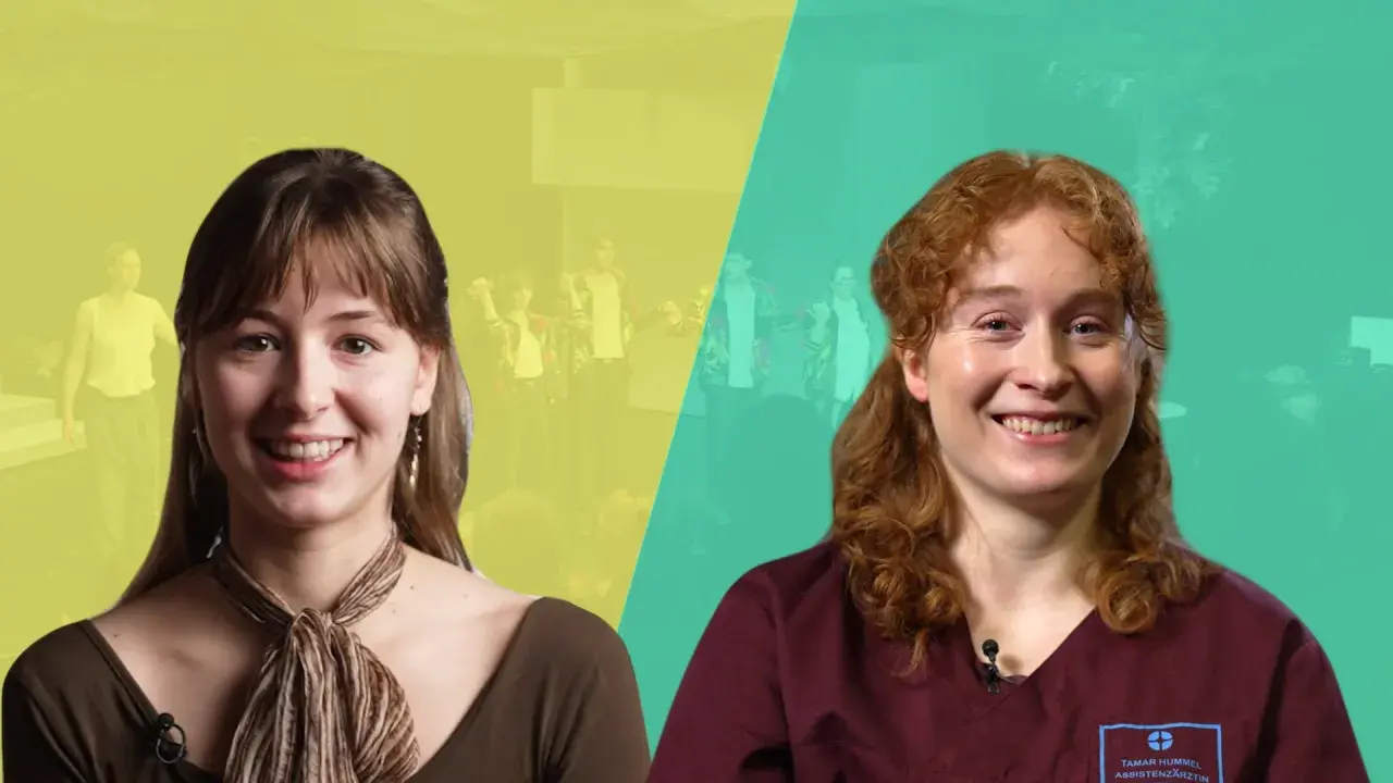 Zwei Frauen lächeln in die Kamera. Links Marie-Luisa Kunst vor einer Bühne, rechts eine Ärztin im OP-Kittel.