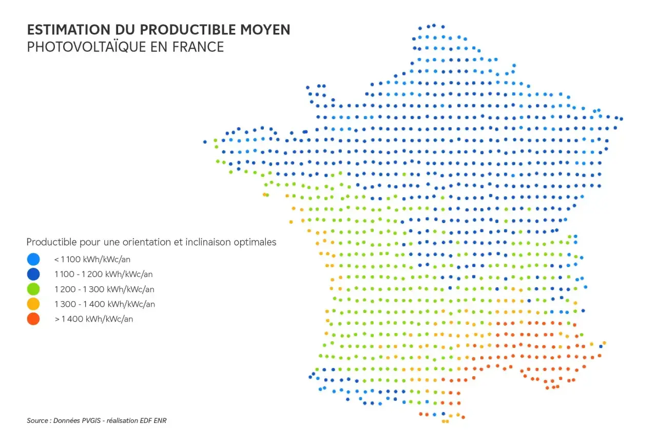 Carte de France montrant le potentiel de production solaire. Le sud bénéficie d'un avantage panneau solaire avec plus de 1400 kWh/kWc/an.