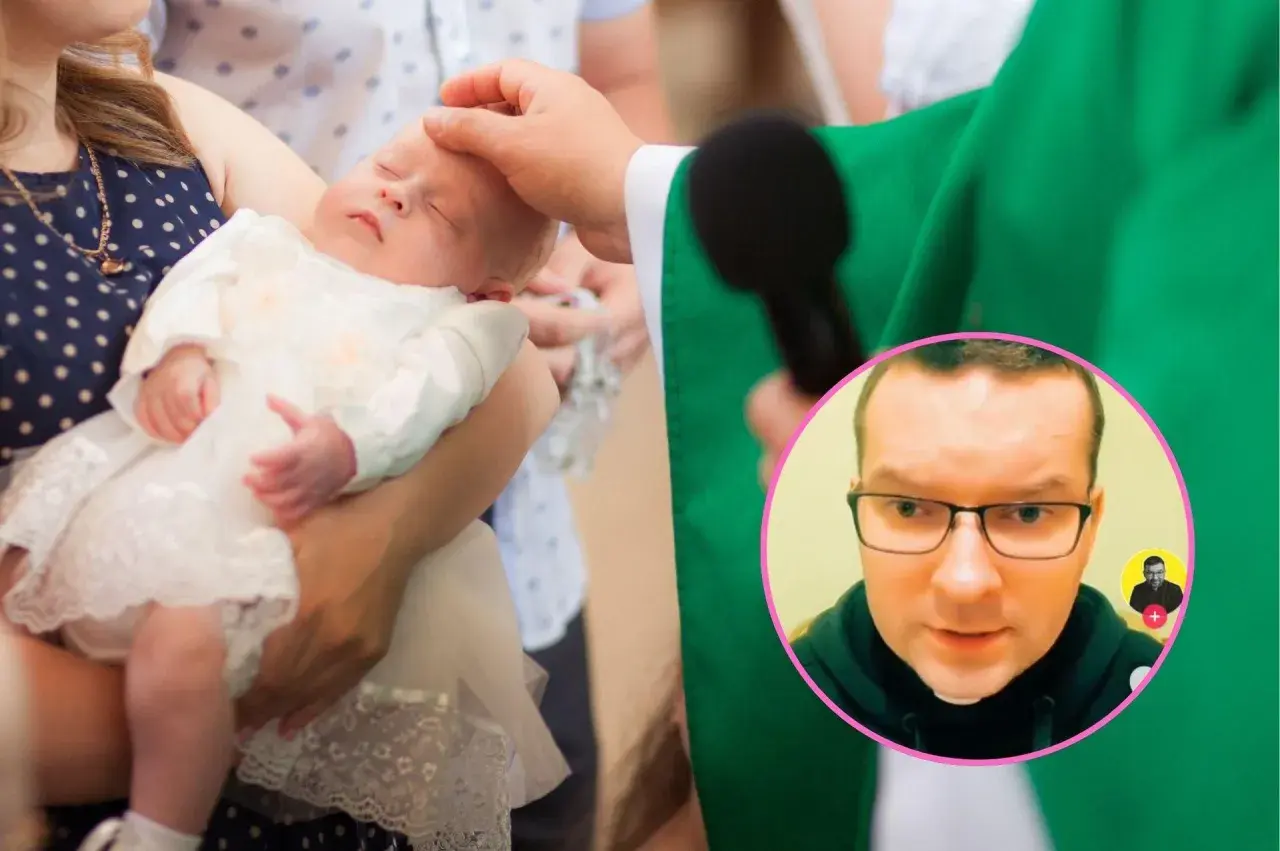 Chrzest dziecka, które może być nieślubne, odbywa się w kościele. W tle widać księdza i małą dziewczynkę w białej sukience.