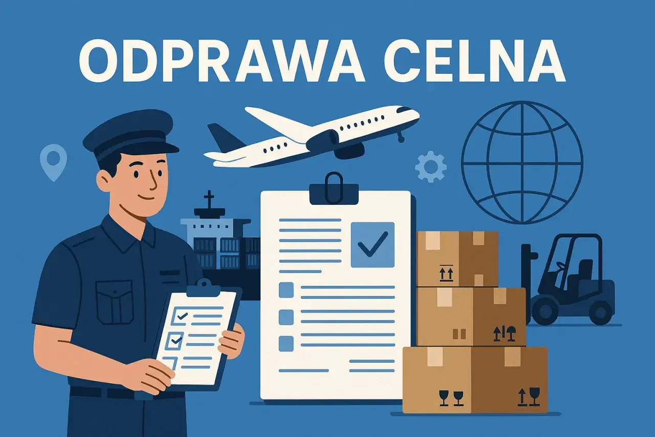 Celnik z listą kontrolną, samolot, statek, globus i paczki. Dowiedz się, ile trwa odprawa celna i jak ją usprawnić.